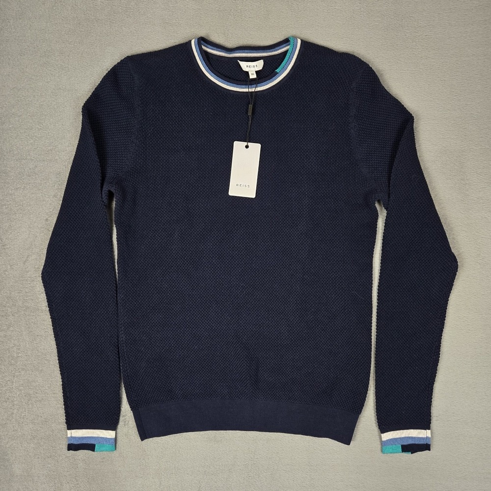 Reiss Sweater Mens XS Amble Intarsia Trim Textured Cotton Crewneck‎ Navy NWT